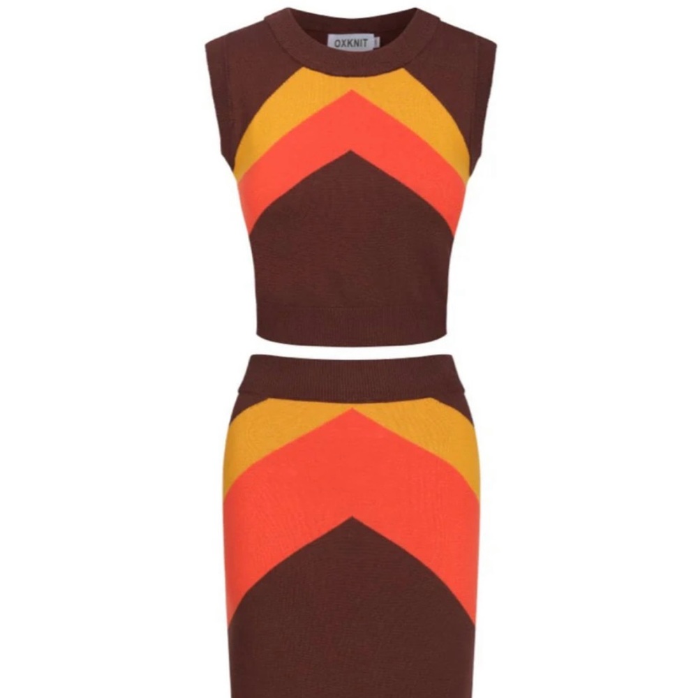 WOMEN'S BROWN VINTAGE PERIOD KNITTED TANK TOP SKIRT SET